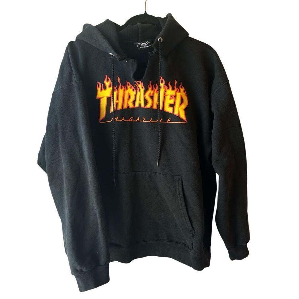 VTG Thrasher Magazine Men's Hoodie size L Frame Logo black customized split neck